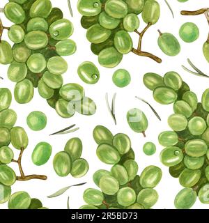 Aquarell Weinrebe frische grüne Weintrauben nahtloser Hintergrund. Zeichnen Sie mit der Hand einen Hintergrund mit Essensobjekten. Konzept für Stoffdruck, Etikett, Banner, Menü Stockfoto