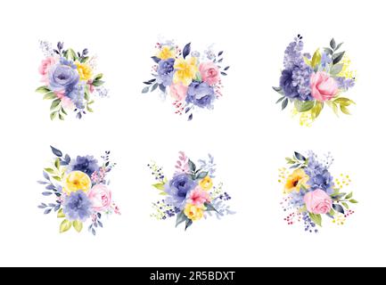 Set mit Blumenzweig. Blütenrosa, gelbe und lila Blüten, grüne und blaue Blätter. Hochzeitskonzept mit Blumen. Blumenposter, einladen. Vektor Stock Vektor