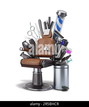 Lederbarberstuhl mit Zubehör und Werkzeugen 3D Rendern auf Weiß Stockfoto