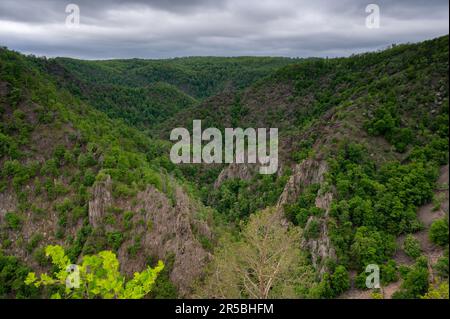 Ein malerischer Blick auf die Bode-Schlucht in Deutschland. Stockfoto