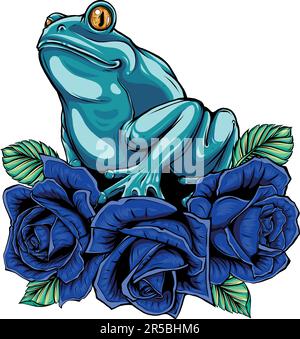 Frosch auf roten Rosen mit Blättern Vektordesign auf weißem Hintergrund Stock Vektor