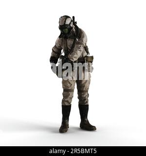 Eine 3D-Darstellung einer Person, die einen Gasschutzanzug auf weißem Hintergrund trägt Stockfoto