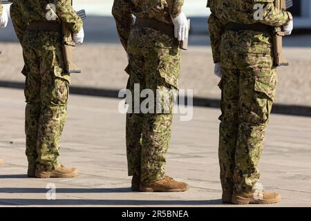 Portugiesische Kommandos - Soldaten der Spezialeinheit stehen in einer Reihe. Mitten im Bild Stockfoto