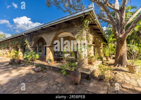 Huntingdon House und Satemwa Estate werden von der vierten Generation der Familie Kay geführt. Hier ist die Residenz mit umliegenden Arkaden und alten Bäumen. Nach afrikanischem Standard ist eine 100-jährige Geschichte selten zu finden. Huntingdon House in der Nähe von Thyolo (Malawi) hat nur 5 Gästezimmer, die im Kolonialstil eingerichtet sind. Das Hotel ist das ehemalige Zuhause der Familie, die noch immer die Satemwa Tee- und Kaffeeplantage besitzt Stockfoto