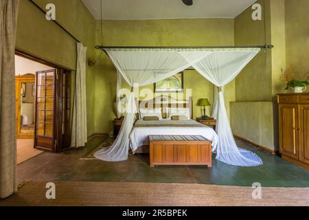 Der Pflanzraum, Huntingdon House, Satemwa Estate. In früheren Zeiten war die Gouvernante hier untergebracht. Heute ein geräumiges Gästezimmer mit privatem Zugang zum Garten. Huntingdon House in der Nähe von Thyolo (Malawi) hat nur 5 Gästezimmer, die im Kolonialstil eingerichtet sind. Das Hotel ist das ehemalige Zuhause der Familie, die noch immer die Satemwa Tee- und Kaffeeplantage besitzt Stockfoto