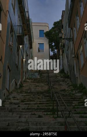 Eine kopfsteingepflasterte Treppe mit einem schmalen Fußweg, der zu zwei Gebäuden führt Stockfoto