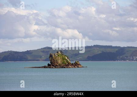 Eine idyllische Landschaft mit einer kleinen Felseninsel am Horizont von Waiheke Island, Auckland, Neuseeland Stockfoto