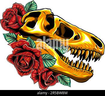 Tyrannosaurus Schädel mit Rosen Vektor-Illustration Design Tattoo Stock Vektor