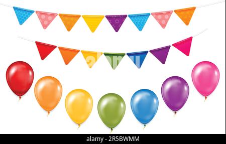 Set aus farbenfrohen, realistischen Ballons und Partyflaggen Stock Vektor