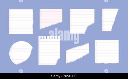 Zerrissene, gerissene weiße Linierung, Strichbuch, Mathematik, Notizbuch, Notizbuch, Papierteile, Vektorbildungs-Set. Stock Vektor