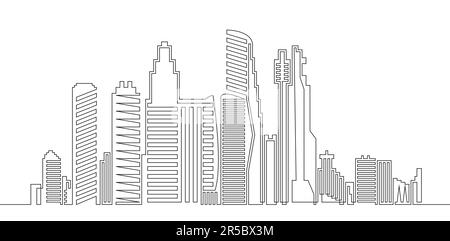 Durchgehende Linienzeichnung des Hauses. Moderne, trendige Panoramalandschaft mit Metropolis-Architektur und Wolkenkratzern. Stock Vektor