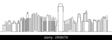 Durchgehende Linienzeichnung des Hauses. Moderne, trendige Panoramalandschaft mit Metropolis-Architektur und Wolkenkratzern. Stock Vektor