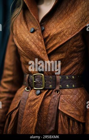 Details der braunen Beschichtung mit Gürtel. Herbstkleid-Konzept für Frauen. Vertikales Modefoto Stockfoto