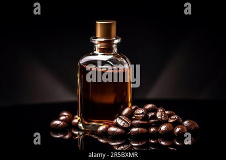 Hochglänzende Parfümflasche auf schwarzem Hintergrund mit Kaffeebohnen. Platz für Text. Parfüm- und Duftkonzept Stockfoto
