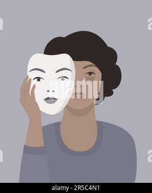 Traurige Frau, die sich hinter einer Maske versteckt. Maskierungsbegriff in der Psychologie. Stock Vektor