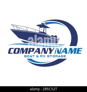 Logo für das Boot in der Mittelkonsole. Einzigartiges und frisches Boot mit Mittelkonsole und Spritzwasser. Ideal als Logo für Ihr Bootsunternehmen zu verwenden Stock Vektor