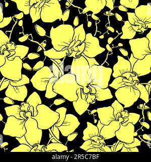Nahtloses Muster großer gelber Orchideensilhouetten auf schwarzem Hintergrund, Struktur, Design Stockfoto