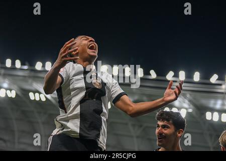 Budapest, Ungarn. 02. Juni 2023. Glück Deutschlands U17 nach dem Finale der ungarischen Fußball-Weltmeisterschaft 2023 gegen Frankreich U17 im Stadion Nandor Hidegkuti in Budapest, Ungarn, 17 2. Juni 2023 Kredit: Live Media Publishing Group/Alamy Live News Stockfoto