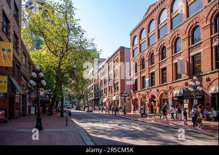 Vancouver, British Columbia - 26. Mai 2023: Historische Straßen in Gastown. Stockfoto
