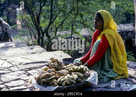 Ein Mädchen, das Bananen verkauft, in Jaipur, Rajasthan, Indien, Asien Stockfoto