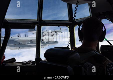 Chris Lane, Kapitän der Royal Canadian Air Force, ein KC-130J Hercules-Pilot mit Marine Aerial Tanker Transport Squadron (VMGR) 252, beobachtet zwei KC-130J Hercules während eines Fluges über der Marine Corps Air Station Cherry Point, North Carolina, 1. Juni 2023. Marines von VMGR-252 feierten 95 Jahre als Fluggeschwader des Marine Corps. VMGR-252 ist eine Untereinheit von 2. MAW, dem Luftkampfelement der II Marine Expeditionary Force (USA) Marinekorps (Foto): Lance CPL. Orlanys Diaz Figueroa) Stockfoto