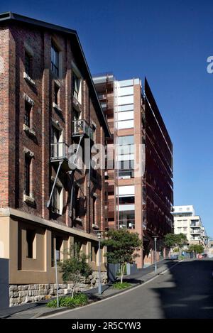 Der neue Vorort Jackson's Landing in Pyrmont, Sydney, NSW, Australien. Das Wohnviertel liegt neben der Anzac Bridge, Johnston's Bay und Glebe Island. Stockfoto