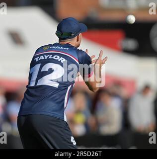 Northampton, Großbritannien. 02. Juni 2023. Northampton Juni 2 : Tom Taylor von Northamptonshire während des Vitality T20 Blast Match zwischen Northamptonshire Steelbacks und LEICESTERSHIRE FÜCHSEN am County Ground Northampton am 2. Juni 2023 Northampton England . Kredit: PATRICK ANTHONISZ/Alamy Live News Stockfoto