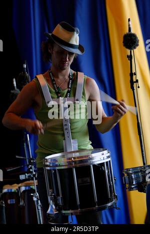 Ein Bandmitglied des Ensembles Noite Brasil tritt im Rahmen der einmonatigen Feierlichkeiten des alljährlichen Sydney Festivals für das Jazz in the Domain-Event auf. The Domain, Royal Botanic Gardens, Sydney, Australien. 12.01.07. Stockfoto