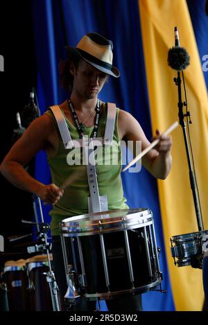 Ein Bandmitglied des Ensembles Noite Brasil tritt im Rahmen der einmonatigen Feierlichkeiten des alljährlichen Sydney Festivals für das Jazz in the Domain-Event auf. The Domain, Royal Botanic Gardens, Sydney, Australien. 12.01.07. Stockfoto