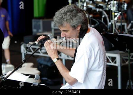 Ein Bandmitglied des Ensembles Noite Brasil tritt im Rahmen der einmonatigen Feierlichkeiten des alljährlichen Sydney Festivals für das Jazz in the Domain-Event auf. The Domain, Royal Botanic Gardens, Sydney, Australien. 12.01.07. Stockfoto