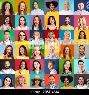 Collage mit Porträts glücklicher Menschen mit unterschiedlichem farbigen Hintergrund Stockfoto
