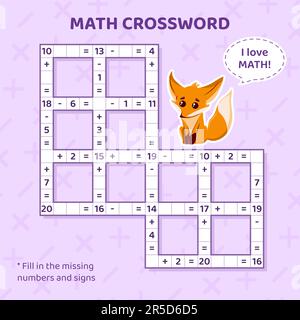 Mathematik-Kreuzworträtsel für Kinder. Addition und Subtraktion. Stock Vektor