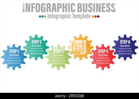 Infografiken zu Zahnrädern. Mechanische Motorkomponenten Zahnräder Darstellung Symbole in sechs 6 Schritten, Banner mit Informationen zum Geschäftsfortschritt, Vektorkontur Stock Vektor