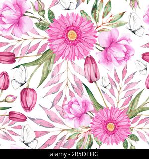 Aquarellmuster mit pinkfarbenen Blumen und weißen Schmetterlingen. Nahtloses Blumenmuster (Gerbera, Rosen, Tulpen) für Stoffe, Textilien, Tapeten Stockfoto