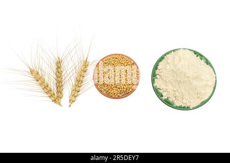 Weizenkörner mit Mehl und Molkenohren auf weißem, isoliertem Hintergrund Stockfoto