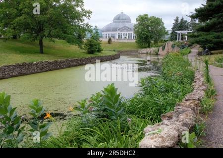 Como Park Pond und das Marjorie McNeely Conservatory im Como Park Zoo und Conservatory in St. Paul, Minnesota, USA. Stockfoto