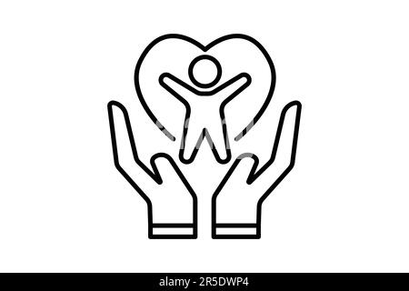 Symbol für Selbstpflege. Hand, Herz und Mensch. Symbol für gesundes Leben, Yoga, Meditation, Entspannung. Liniendesign. Editor für einfache Vektorkonstruktion Stock Vektor