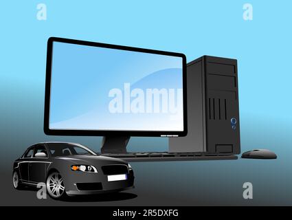 Abstrakte Komposition eines schwarzen Auto-Sedans an einem Desktop-PC. Vektor 3D-Abbildung Stock Vektor