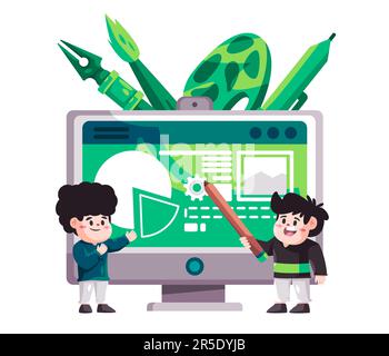 Grafikdesigner, die mit Werkzeugen arbeiten Freunde, die sich unterhalten, diskutieren Lehrsoftware auf dem Computerbildschirm Stock Vektor