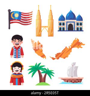 Malaysia Icon Set Grafik Mann Frau traditionelle Kleidung Twin Tower Moschee Karte und Flagge Stock Vektor