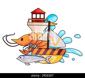 Meeresfrüchte-Garnelen-Fischboot und Emblem mit Leuchtturm Stock Vektor