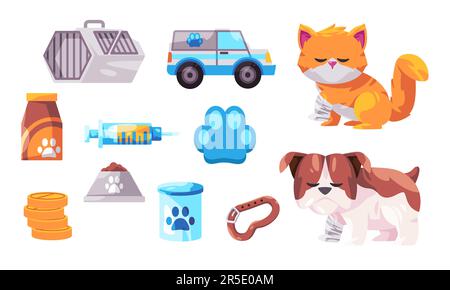 Tiertierhandlung Tierkatze Hund Objektset Sammlung von Halskette Lebensmittel Medizin Flasche Injektion Auto Käfig Medikamente Gesundheitsdienst Stock Vektor