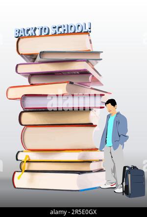 Abstrakte Komposition mit Jungenschule und Bücherstapel. Zurück in die Schule. Vektor 3D-Abbildung Stock Vektor