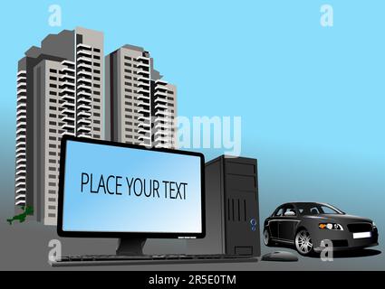 Abstrakte Komposition eines schwarzen Auto-Sedans an einem Desktop-PC. Vektor 3D-Abbildung Stock Vektor