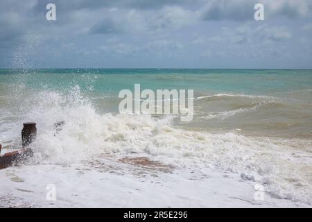 Wellen schlagen gegen hölzerne Groyne am Eastbourne Beach. Stockfoto