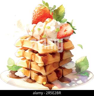 Frühstücksdessert Wasserfarben wiener Waffeln Wasserfarben. Hintergrund der Vektordarstellung. Stock Vektor