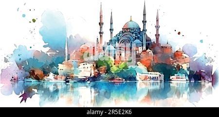 Wunderschöne islamische Illustration mit farbenfrohem Blick auf istanbul mit weißem Hintergrund. Stock Vektor