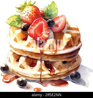 Frühstücksdessert Wasserfarben wiener Waffeln Wasserfarben. Hintergrund der Vektordarstellung. Stock Vektor