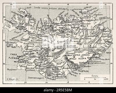 Alte Karte Islands vom Ende des 19. Jahrhunderts. Alte Gravur aus dem 19. Jahrhundert aus La Nature 1887 Stockfoto