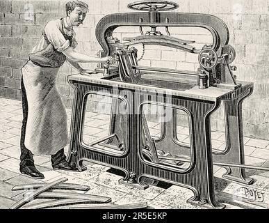 Holzschneidemaschine. Alte Gravur aus dem 19. Jahrhundert aus La Nature 1887 Stockfoto